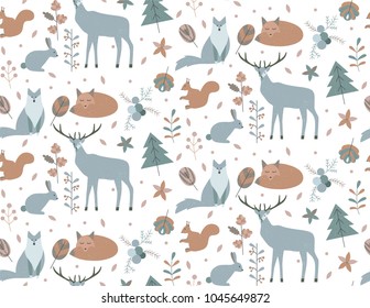 Seamless pattern in scandinavian style with cute textured nordic animals and plants. Vector illustartion for your design.