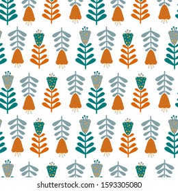  Seamless pattern in scandinavian style with cute decorative flowers, vector. Good for background, fabric, textile, cover, surface decoration and more