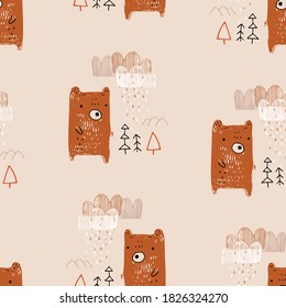 Seamless pattern in Scandinavian style with  cute hand drawn bear