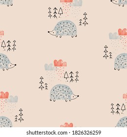 Seamless Pattern In Scandinavian Style With  Cute Hand Drawn Hedgehog