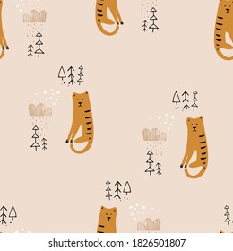 Seamless pattern in Scandinavian style with cute hand drawn tiger.