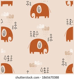 Seamless pattern in Scandinavian style with cute hand drawn Elephant.