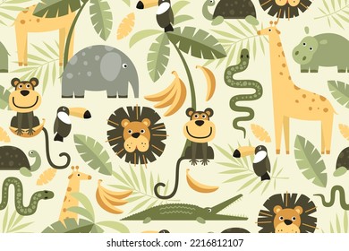 Seamless pattern in scandinavian style with cute elephant, toucan, giraffe, lion, snake, hippopotamus and monkey. Ideal for baby cloth, baby room decoration, packaging. Vector illustration.