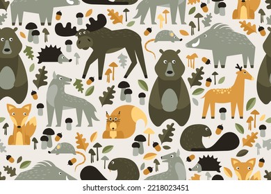 Seamless pattern in scandinavian style with cute bear, elk, fox, wolf and squirrel. Perfect for baby clothes, baby room decoration, packaging. Vector illustration.