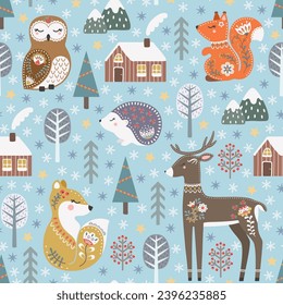 Seamless pattern scandinavian style with cute woodland animals, hand drawn trees and snowflakes. Vector illustration.