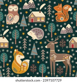 Seamless pattern scandinavian style with cute woodland animals, hand drawn trees and snowflakes. Vector illustration.