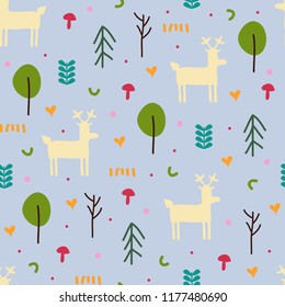 Seamless pattern in scandinavian style with deer and trees.