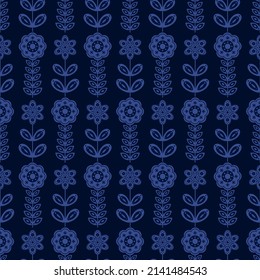 Patrón sin foco en el estilo escandinavo con flores. Decoración de diseño interior. Ilustración vectorial en un fondo azul.