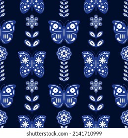 Seamless pattern in scandinavian style with flowers and butterflies. Fashionable interior design. Vector illustration on a blue background.