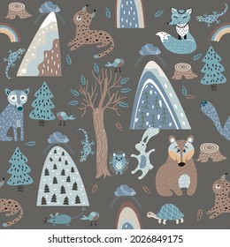 Seamless pattern in the scandinavian style forest beasts. Vector illustration.
