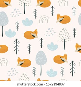 Seamless pattern in Scandinavian style, Fox in winter forest. Vector illustration for printing on fabric, clothing, tableware, packaging paper. Cute baby background.