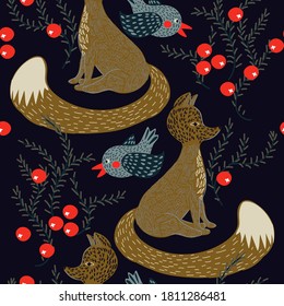 Seamless pattern in scandinavian style with fox, bird and berries, tree, leaves, branches. Folk art. Nordic background with floral ornaments and animal illustrations. Vector for Home decorations.