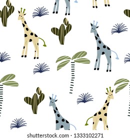 Seamless pattern in Scandinavian style with giraffe, cactus, palm. Vector illustration.