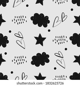 Seamless pattern, Scandinavian style, gray background, black stylized hearts, clouds, stars, spots, ideal for drawing on wrapping paper, interior decor or poster