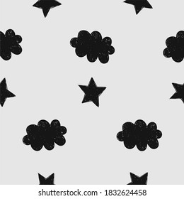 Seamless pattern, Scandinavian style, gray background, black stylized clouds and stars are ideal for drawing on wrapping paper, fabric, interior decor or poster