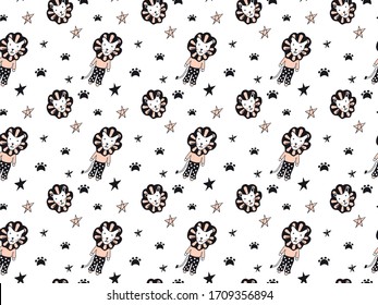 Seamless pattern in Scandinavian style from hand-drawn lion cubs, their faces, cat footprints and stars in black and pale pink colors on a white background. Texture for baby products. Vector.
