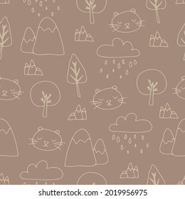 Seamless pattern in Scandinavian style, hand-drawn in doodle style, cute children's pattern, hand-drawn cartoon style, mountains and trees, hygge, cozy pattern, vector illustration, Print