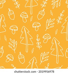 Seamless pattern in Scandinavian style, hand-drawn in doodle style, cute children's pattern, hand-drawn cartoon style, mountains and trees, hygge, cozy pattern, vector illustration, Print