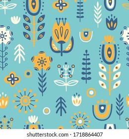 Seamless pattern in scandinavian style with horse, tree, flowers, leaves, branches. Folk art. Vector nordic background with floral ornaments. Home decorations.