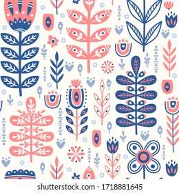 Seamless pattern in scandinavian style with horse, tree, flowers, leaves, branches. Folk art. Vector nordic background with floral ornaments. Home decorations.