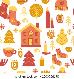 Seamless pattern in scandinavian style with house, tree, candle, socks, branch, hat, cup. Folk art. Vector nordic background with ornaments. Home decorations.