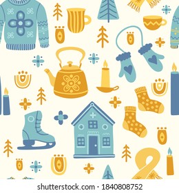Seamless pattern in scandinavian style with house, sweater, skates, gloves, scarf, tree, candle, socks, branch, cup. Folk art. Vector nordic background with illustrations. Home decorations.