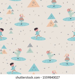 Seamless pattern in a scandinavian style with ice skating children and christmas trees. - Vector