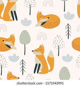 Seamless pattern in Scandinavian style with the image of forest animals. Vector illustration for printing on fabric, clothing, tableware, packaging paper. Cute baby background.