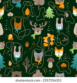 Seamless pattern in Scandinavian style on a black background with cute wild animals. Design for wrapping paper, wallpaper, fabric, textile