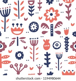 Seamless pattern with scandinavian style ornaments, florals and leaves. Folklor motives and nordic design. Vector background.