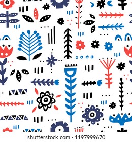 Seamless pattern with scandinavian style ornaments, florals and leaves. Folklor motives and nordic design. Vector background.