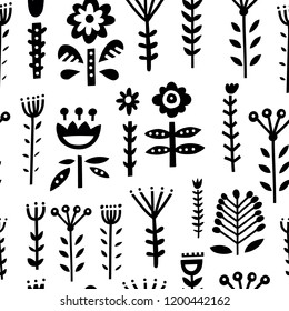 Seamless pattern with scandinavian style ornaments, florals and leaves. Folklor motives and nordic design. Vector background.
