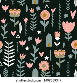 Seamless pattern with Scandinavian style ornaments isolated on a black background. Stylish floral and leaves. Folklore motives and Nordic design. Vector illustration.