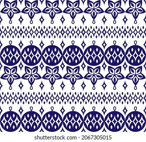 Patrón sin fisuras en estilo escandinavo con adornos, bolas y elementos geométricos, hechos en azul. Adecuado para el diseño de papel de embalaje, tela