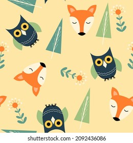 seamless pattern scandinavian style with owl fox and trees