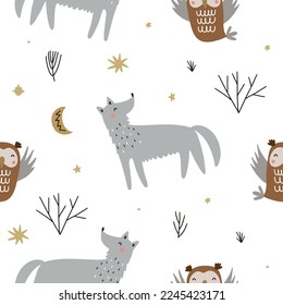 Patrón sin foco en el estilo escandinavo con búhos y lobos. Ilustración vectorial aislada en fondo blanco para su diseño