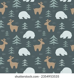 Seamless pattern in scandinavian style. Polar bear, deer and fir trees forest on dark background. Hand drawen Vector illustration for your design.