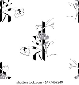 Seamless pattern in Scandinavian style for printing on fabric, wallpaper, paper, packaging. Black-white flowers, stripes and strokes on a white background. 