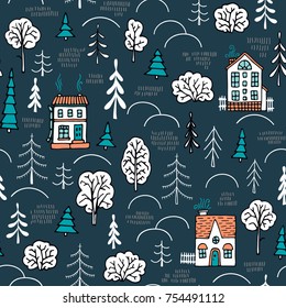 Seamless pattern in Scandinavian style. Small houses in the forest.