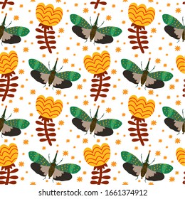 Seamless pattern in scandinavian style. Spring vector illustration with flowers, butterflies, stars. For the design of paper, textile.