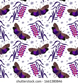 Seamless pattern in scandinavian style. Spring vector illustration with flowers, butterflies, stars. For the design of paper, textile.