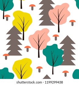 Seamless pattern in scandinavian style with trees and mushrooms. Vector iluustration