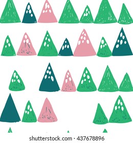 seamless pattern in Scandinavian style with triangles . Mountains , snow, a child's drawing .
