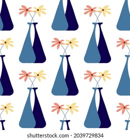 
seamless pattern in scandinavian style white two blue vases with flowers vector