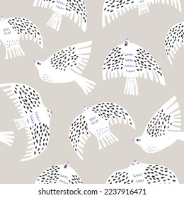 Seamless pattern with scandinavian style white birds. Creative monochrome bird texture. Great for fabric, textile Vector Illustration