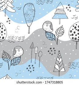 Seamless pattern in scandinavian style. Winter forest with trees and owls. Perfect for paper, cover, fabric, interior decor. 