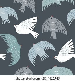 Seamless pattern with scandinavian style winter birds. Creative bird texture. Great for fabric, textile Vector Illustration