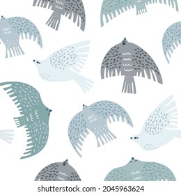Patrón sin foco con aves de invierno de estilo escandinavo. Textura de pájaro creativa. Excelente para tela, vectores textiles Ilustración