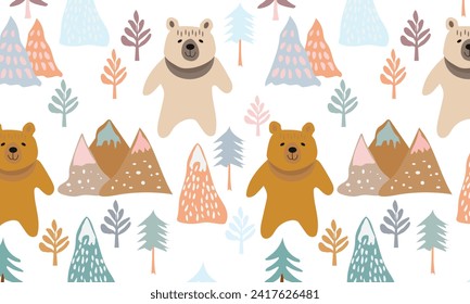 seamless pattern in scandinavian style.beautiful northern ornament with animals, trees, plants.