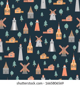 Seamless pattern, scandinavian village cartoon vector landmark, flat buildings, mills, lighthouses and trees . Great for textile, banner, wrapping.